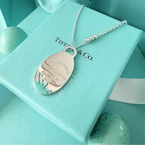 🩵 Tiffany & Co. 🎨 RARE Return To Tiffany Blue Splash Tag Oval Pendant 🤍 - Picture 4 of 15